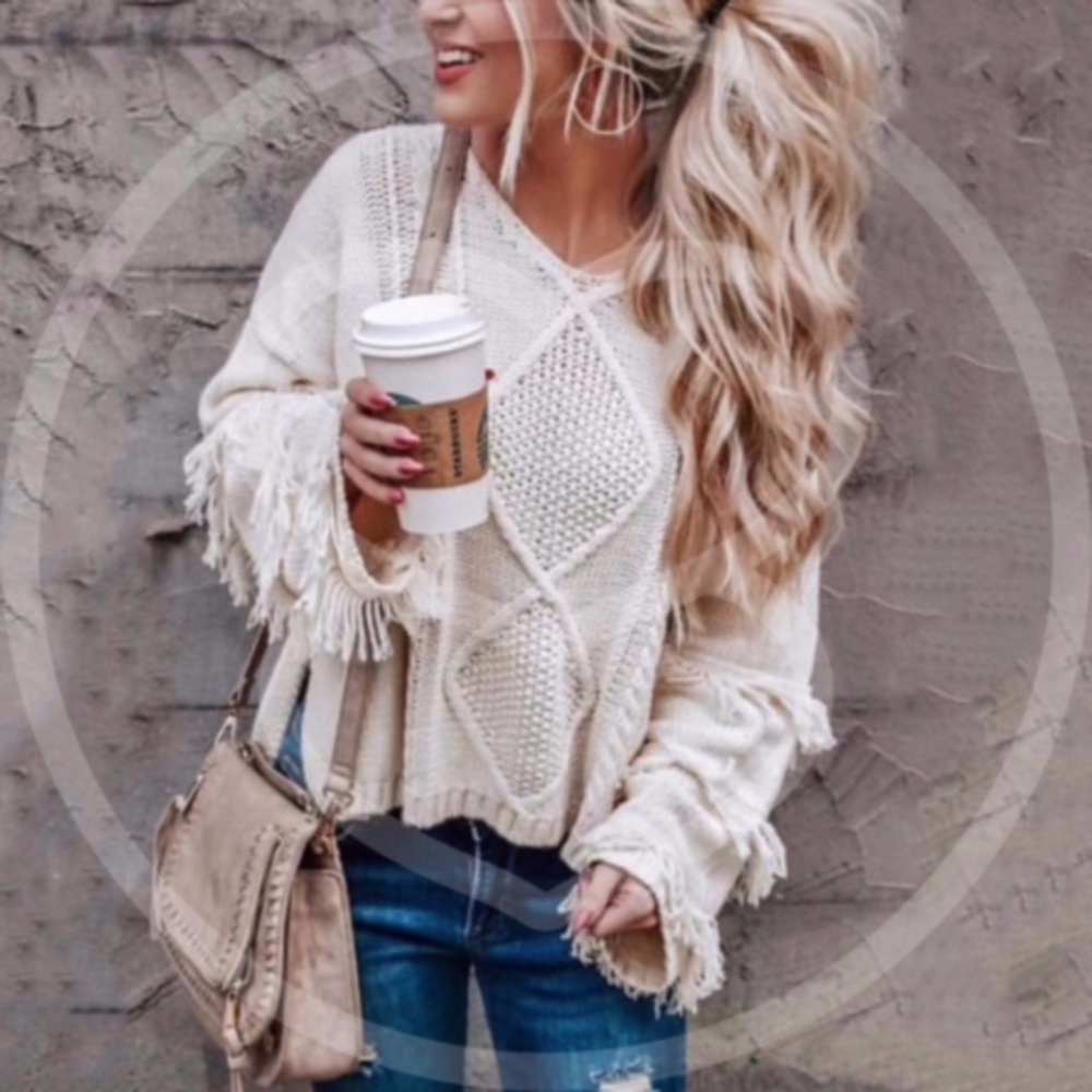 BECCA Knit Fringe Sleeve Sweater - CREAM - Picture 1 of 2